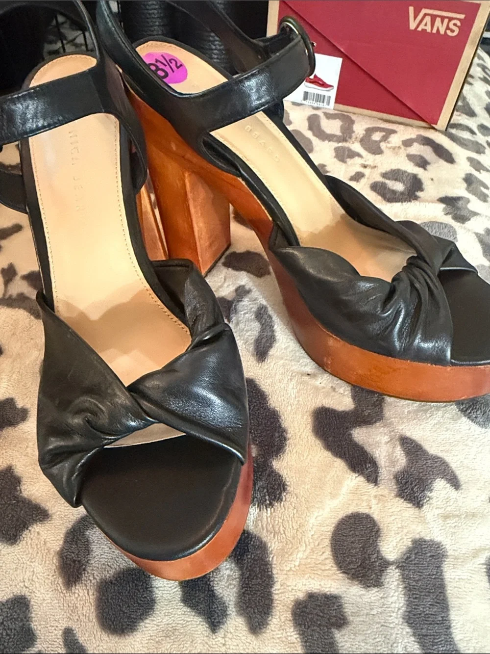 Veronica Beard Black Leather Platform Sandals Size 8.5 Wood Block Heel